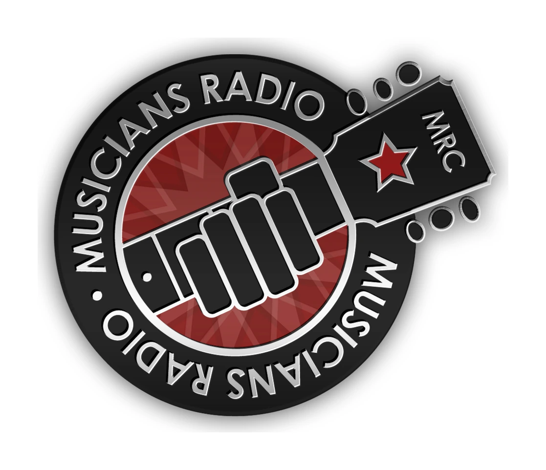 Musicians Radio logo: a fist gripping a guitar neck inside a round badge with a red star