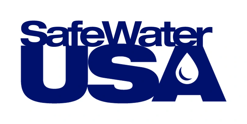 SafeWater USA logo: bold navy lettering with a white water drop cut into the letter A