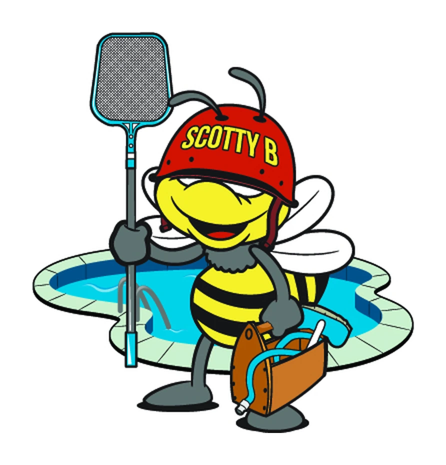 Scotty B mascot logo: a cartoon bee in a red helmet holding a pool skimmer net beside a swimming pool