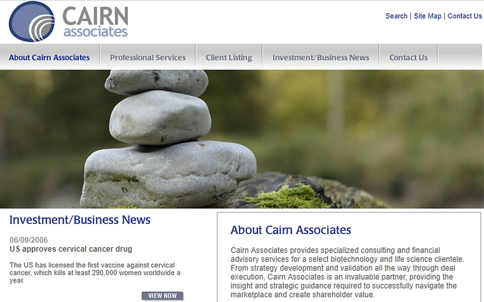 Cairn Associates website home page with stacked stones, investment and business news and the VentureTalk Radio show