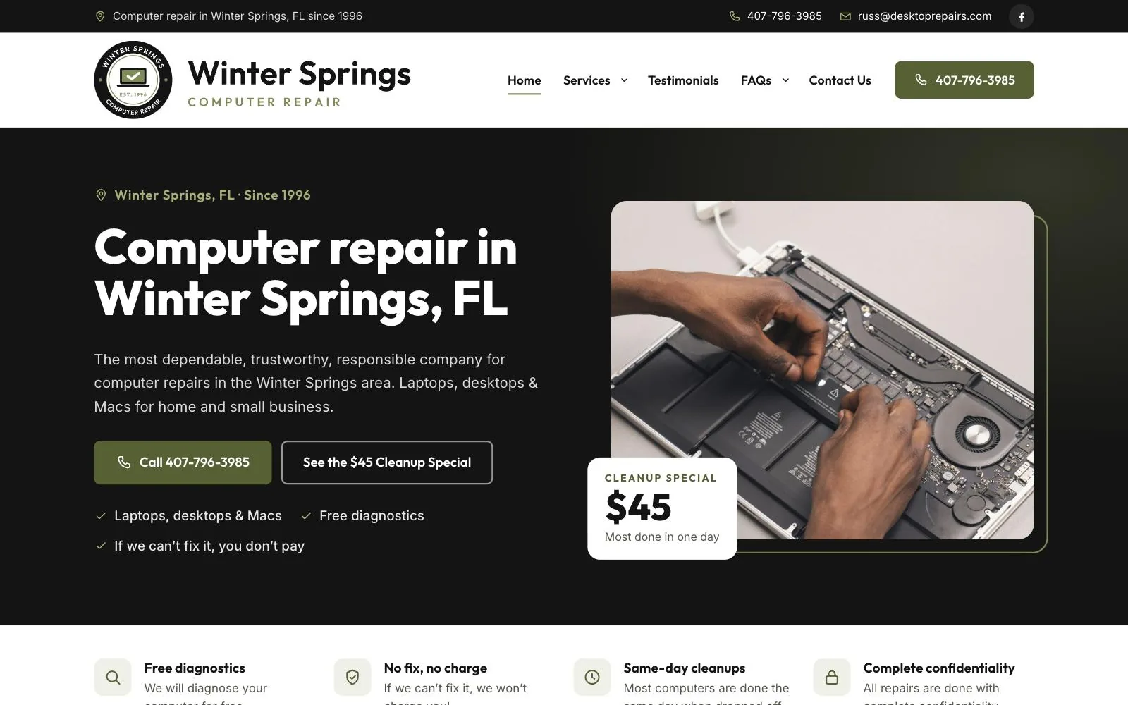 Winter Springs Computer Repair website home page designed by Gorman Web