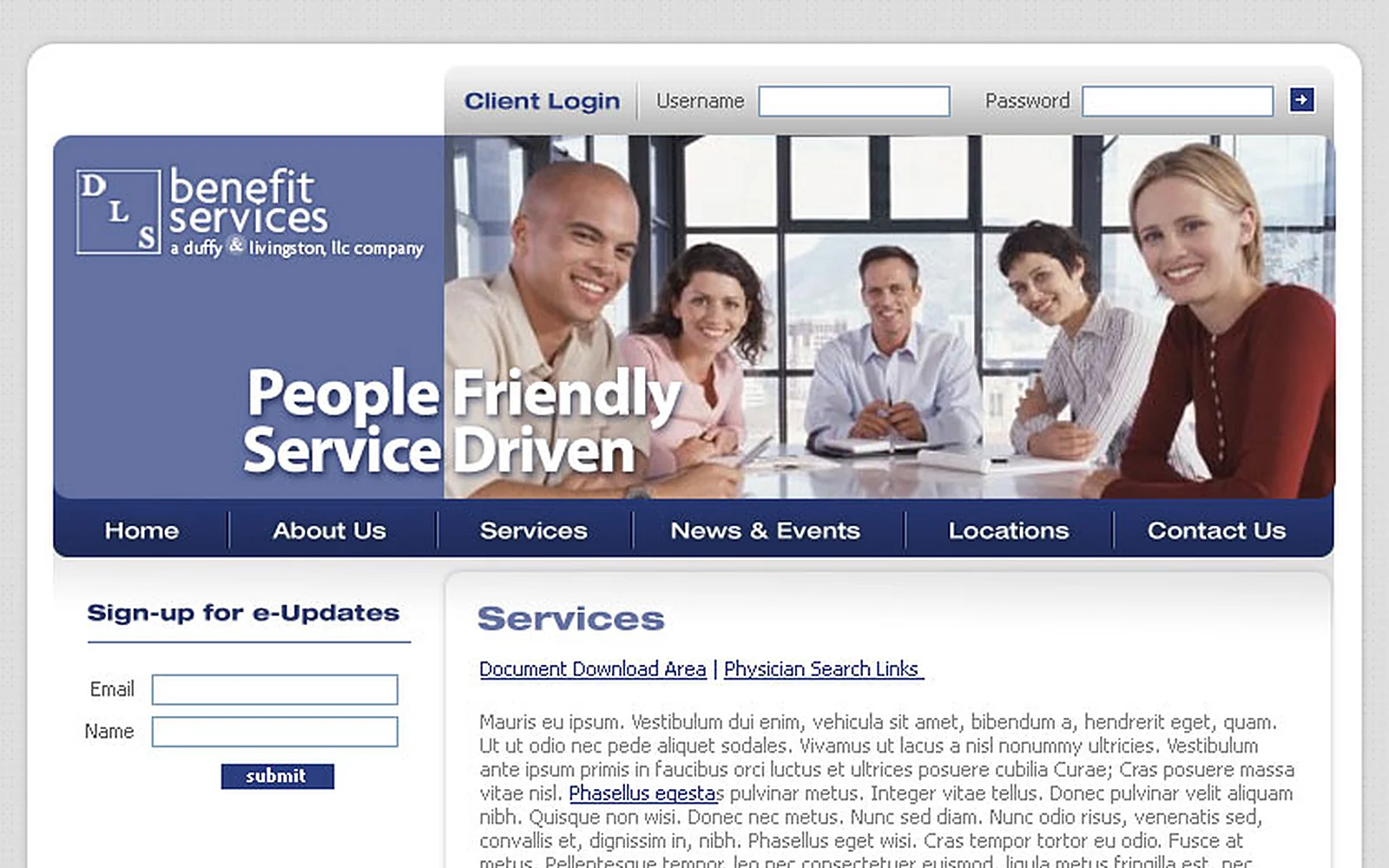 DLS Benefit Services website with a People Friendly, Service Driven banner, client login and e-updates sign-up