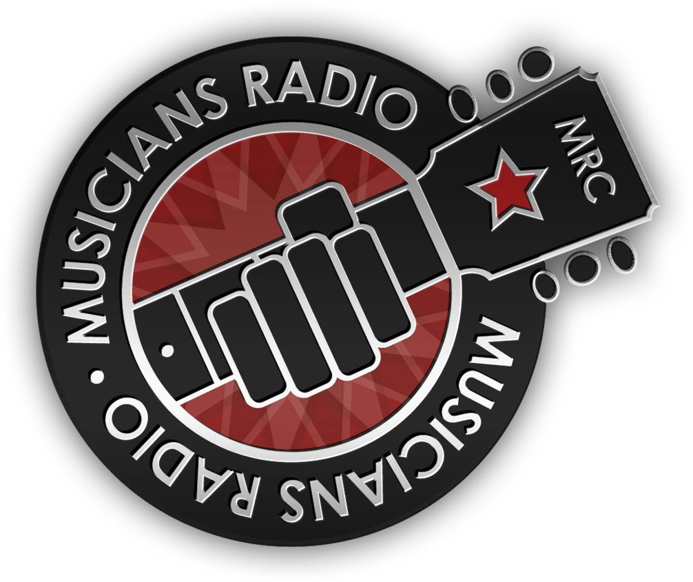 Musicians Radio logo: a fist gripping a guitar neck inside a round black badge with a red starburst center, a red star and the letters MRC