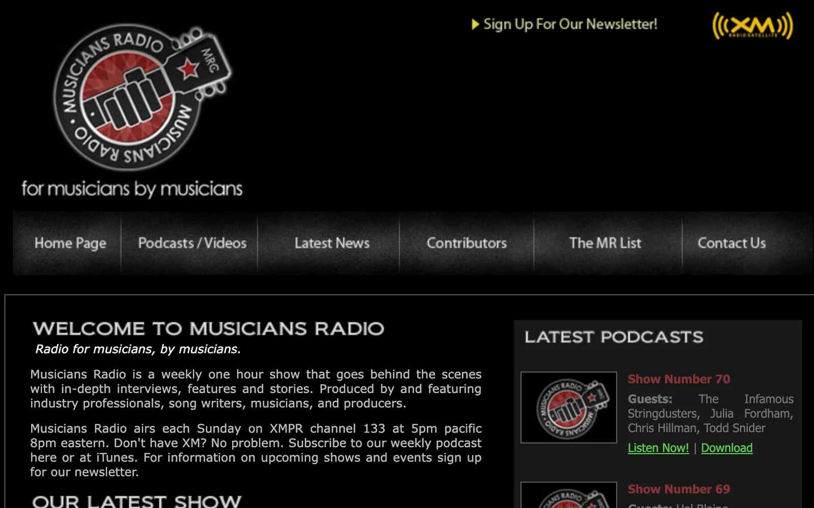 Musicians Radio website home page with the badge logo, show navigation and latest podcasts, designed by Gorman Web