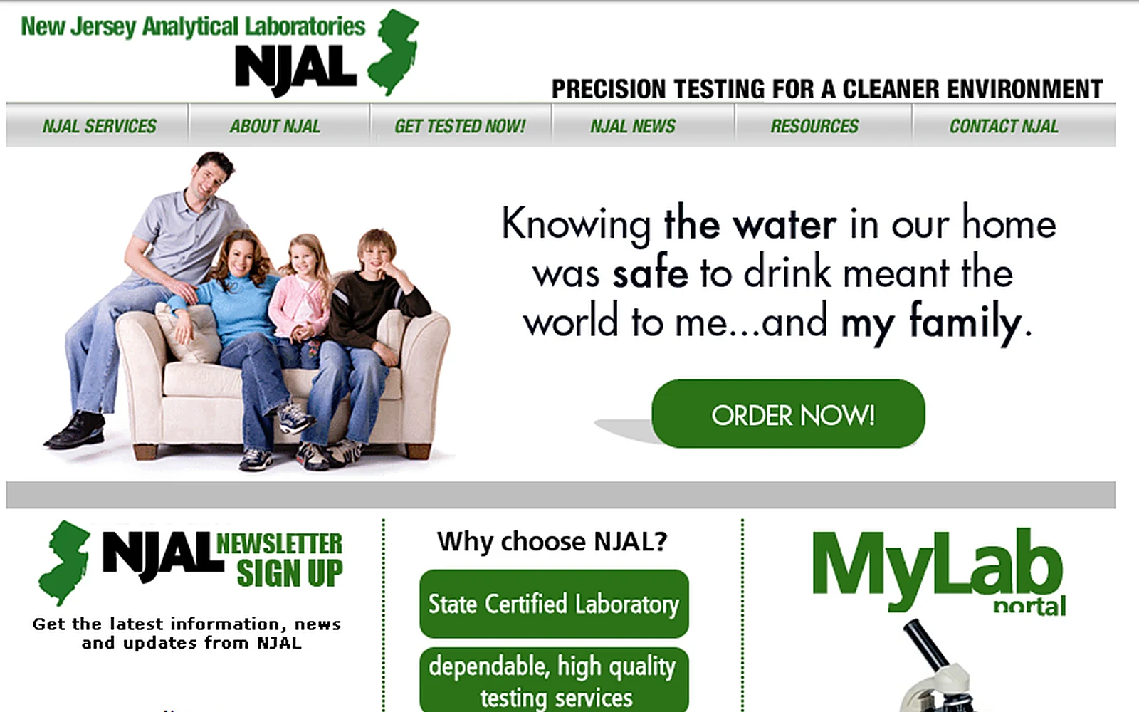 New Jersey Analytical Laboratories website home page with the Order Now water testing banner, newsletter sign-up and MyLab portal