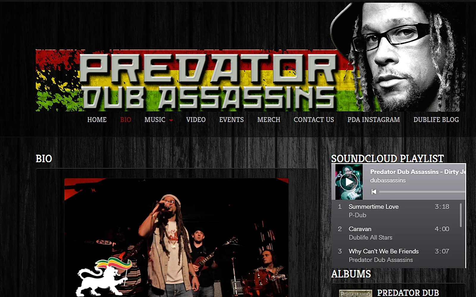 Predator Dub Assassins band website with a rasta-colored banner, bio page, SoundCloud playlist and album list