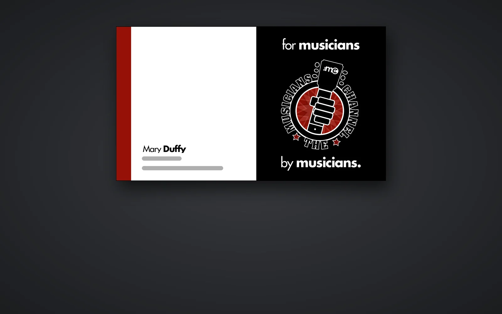 Musicians Radio business card with a red edge stripe and the badge reversed out of black