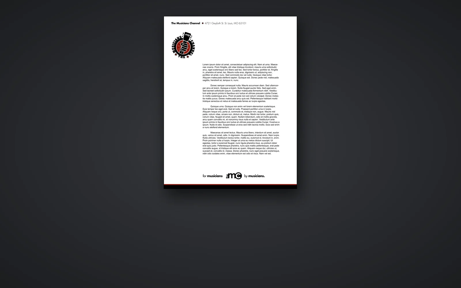 Musicians Radio letterhead with the badge logo at top left and the for musicians by musicians footer